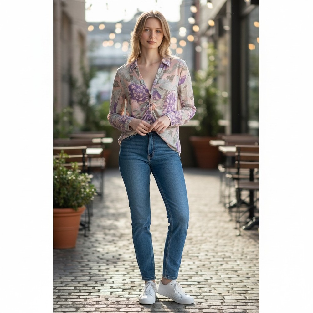 Free People Mesh Top Women L Lilac Bloom New Floral Long Sleeve Button Blouse